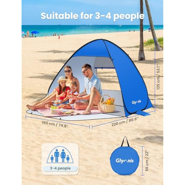 Glymnis Pop Up Beach Tent Small for 1-2 Person/Large for 3-4 Person, UV Protection Beach Sun Shelter with Zipper Porch, Portable Sun Shade Tent for Beach, Garden, Picnic