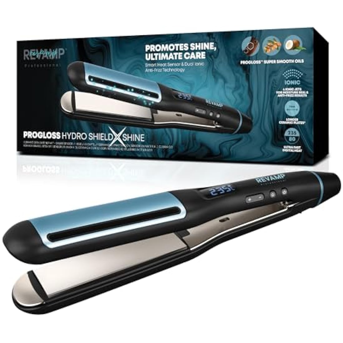 REVAMP Hydro Shield X Shine Ceramic Hair Straighteners - Long Plates for Fast One Stroke Styling, Straightening, Smart Sensor Heat Protection, 4 Ionic Jets - Salon Professional Hair Straightener