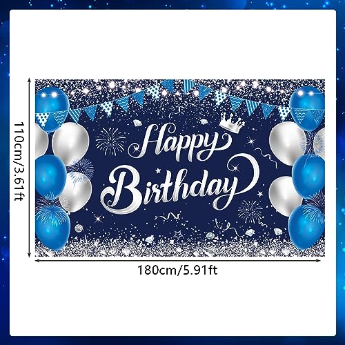Happy Birthday Banner - 1.1 x 1.8m Blue Silver Backdrop, Decorations for Boys & Girls, Perfect for Birthday & Anniversary Parties