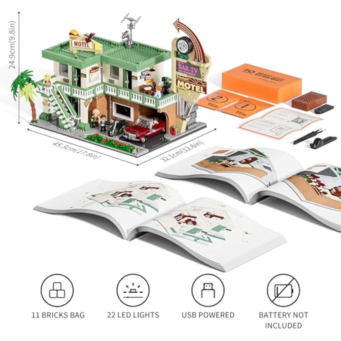 FUNWHOLE City Car-Hotel Lighting Building-Bricks Set - Road Trip Modular Twilight Motel Collection Light Car and Motorcycle Building Set 1970 Pcs for Adults and Teen