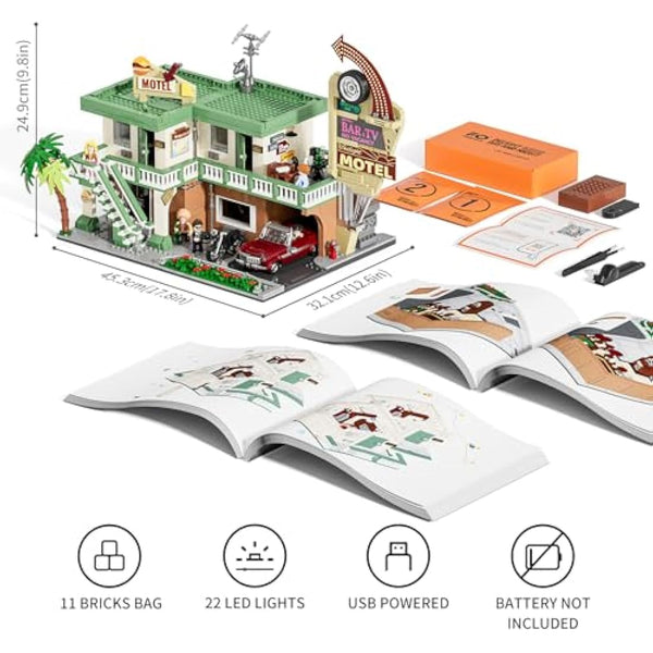 FUNWHOLE City Car-Hotel Lighting Building-Bricks Set - Road Trip Modular Twilight Motel Collection Light Car and Motorcycle Building Set 1970 Pcs for Adults and Teen