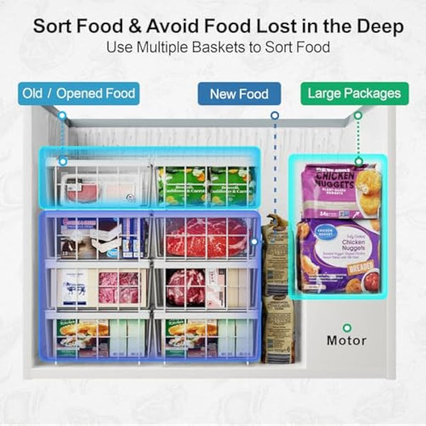 iSPECLE Chest Freezer Baskets - Expandable Fit 283 to 566L Deep Freezer, 4 Pack Large Stackable Wire Basket Add Space Easily Get Frozen Foods with Handles, Allow Air Circulation, White