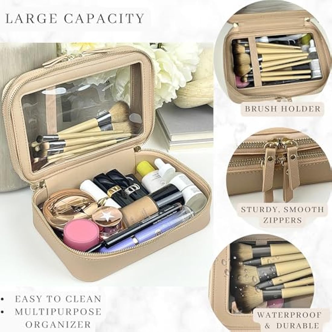 JAZD Clear Makeup Organizer - Cosmetic Bag for Women, Travel & Home - Beige
