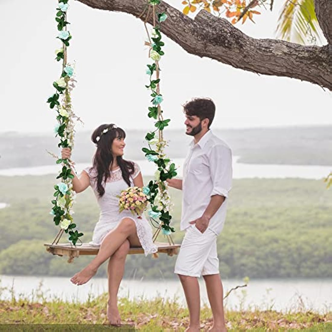 LumenTY 2 Pack 2.5 m Artificial Flower Vine Rose Garland Silk Fake Flowers Hanging Decor for Hotel Office Garden Home Party Wedding Festival Craft Art Decoration - Blue and White