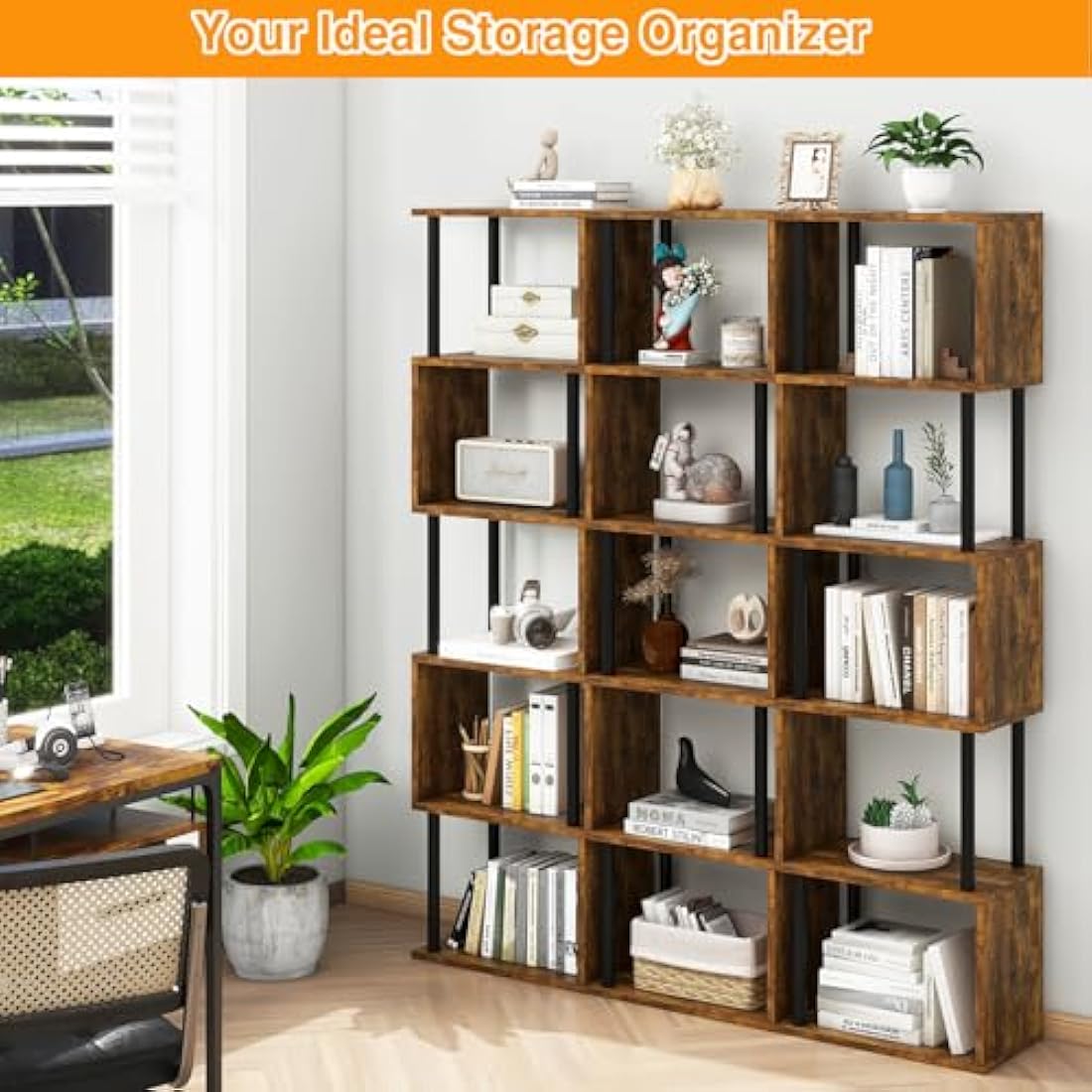 IBUYKE 6-Tier Tall Bookshelf,S-Shaped Geometric Bookcase, Wood Display Shelves With Storage,Industrial Bookshelf for Living Room Bedroom, Home Office, Rustic Brown WBC016H