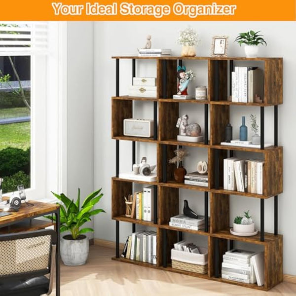 IBUYKE 6-Tier Tall Bookshelf,S-Shaped Geometric Bookcase, Wood Display Shelves With Storage,Industrial Bookshelf for Living Room Bedroom, Home Office, Rustic Brown WBC016H