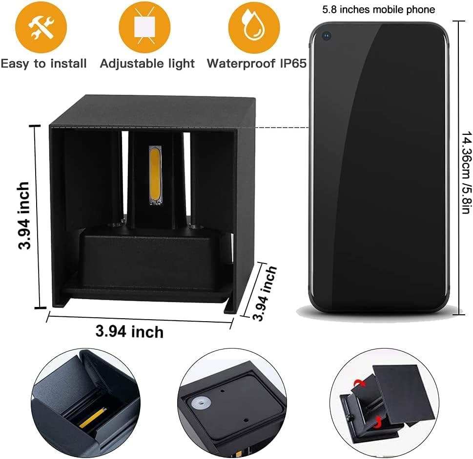 CHENBEN Outdoor Wall Lights 12W Waterproof IP65 Aluminum Black Indoor Wall Lamp LED Outside Wall Lights Adjustable Beam 3000K Warm White for Garden Bedroom Living Room Aisle (4 Pack)