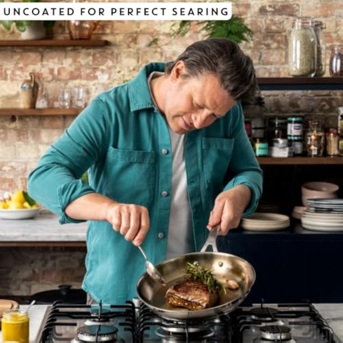 Jamie Oliver by Tefal Cook Smart 24cm Frying Pan, Uncoated Stainless Steel, Riveted Handle, Induction Safe, Thermo-Fusion Base, 90% Recycled Steel E3110455
