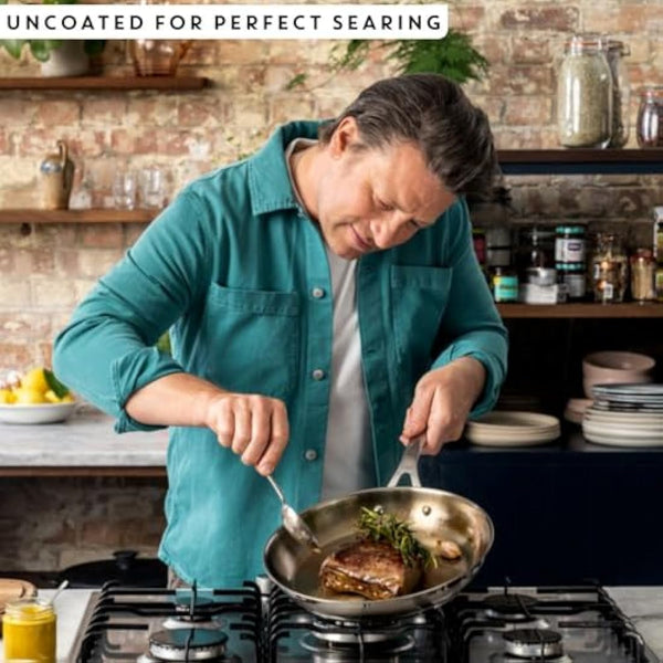Jamie Oliver by Tefal Cook Smart 24cm Frying Pan, Uncoated Stainless Steel, Riveted Handle, Induction Safe, Thermo-Fusion Base, 90% Recycled Steel E3110455