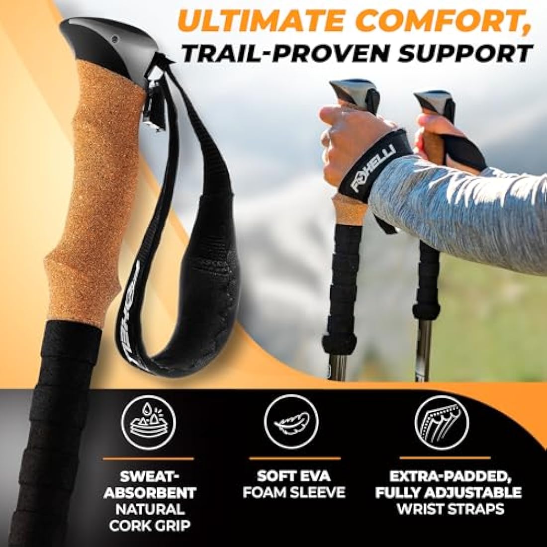 Foxelli Carbon Fiber Walking Poles – Collapsible, Lightweight, Shock-Absorbent Hiking Trekking Poles with Natural Cork Grips, Flip Locks, 4 Season/All Terrain Accessories & Carry Bag