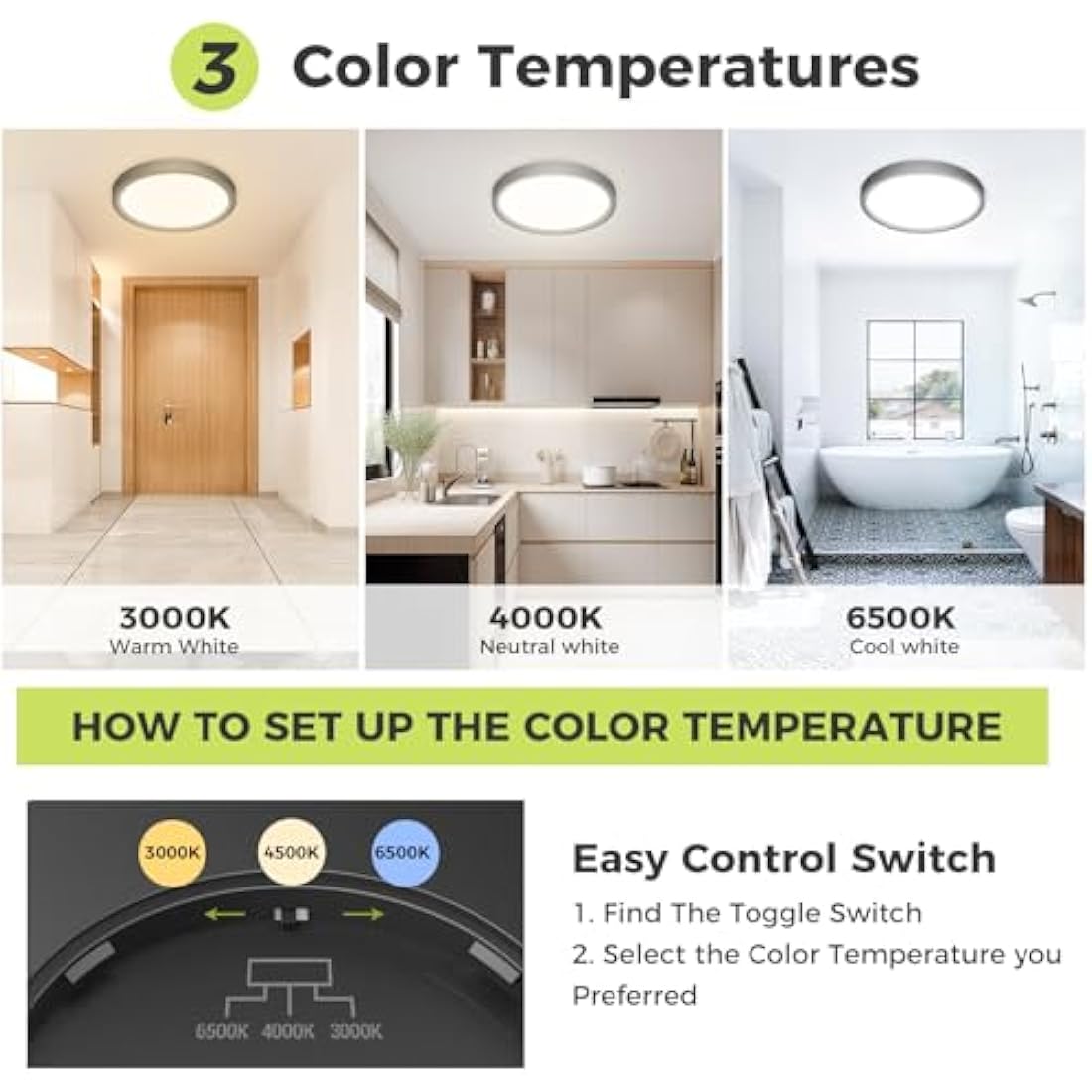 hepside LED Ceiling Light,3000K/4000K/6500K 3 Color Temperature, Waterproof IP54 LED Ceiling Lamp, Modern,Round Flush Ceiling Light for Bathroom, Living Room,Bedroom, Kitchen, Hallway, Office