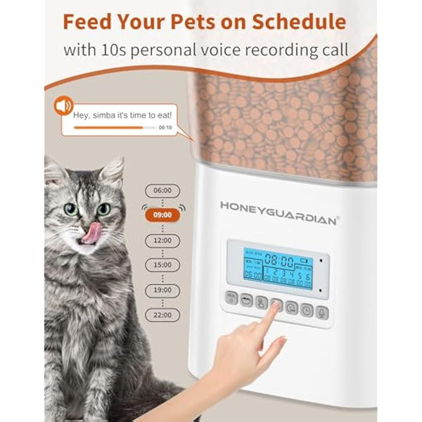 HoneyGuaridan 3.5L Automatic Cat Feeder for Two Cats, Food Dispenser With Stainless Steel Bowl, Timed Programmable 1-6 Meals Control, Dual Power Supply, 10s Meal Call