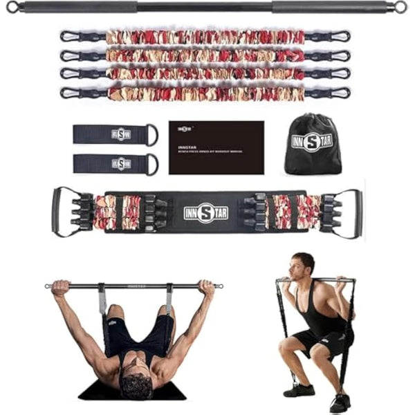 INNSTAR Portable Home Gym Set with Workout Bar, Bench Press Set, Squat Resistance Band, Door Anchor and More-Full Body Workout Equipment to Build Muscle and Shape Body