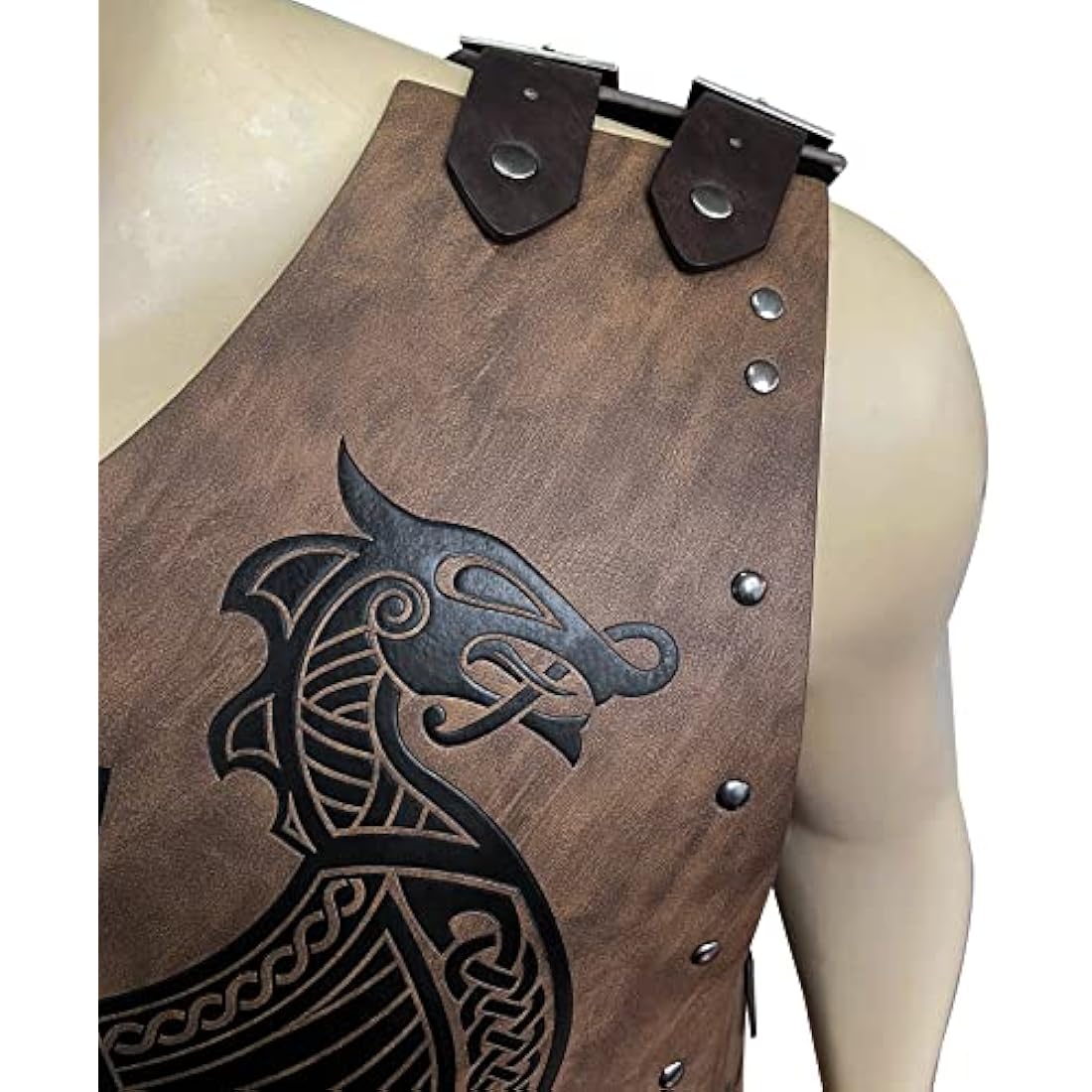 HiiFeuer Viking Faux Leather Embossed Langskip Chest Armor, Retro Medieval Knight Leather Armor for LARP/Cosplay (Brown B)