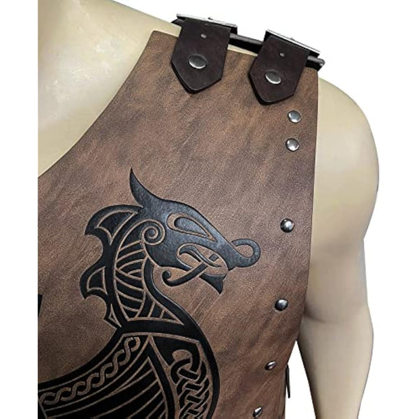 HiiFeuer Viking Faux Leather Embossed Langskip Chest Armor, Retro Medieval Knight Leather Armor for LARP/Cosplay (Brown B)