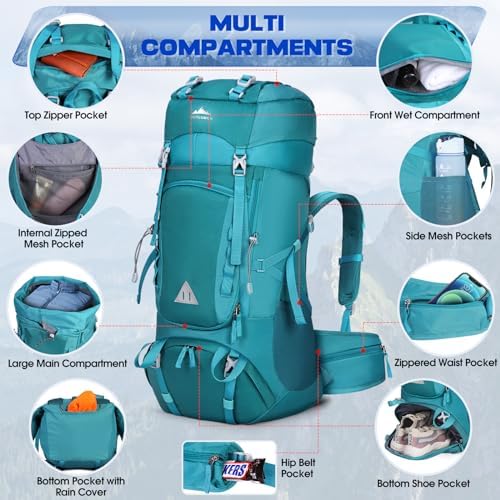 IGOLUMON 60L Hiking Backpack with Rain Cover Waterproof Large Camping Rucksack Backpacking Backpack Lightweight Trekking Walking Backpack Travel Rucksack for Outdoor Sports