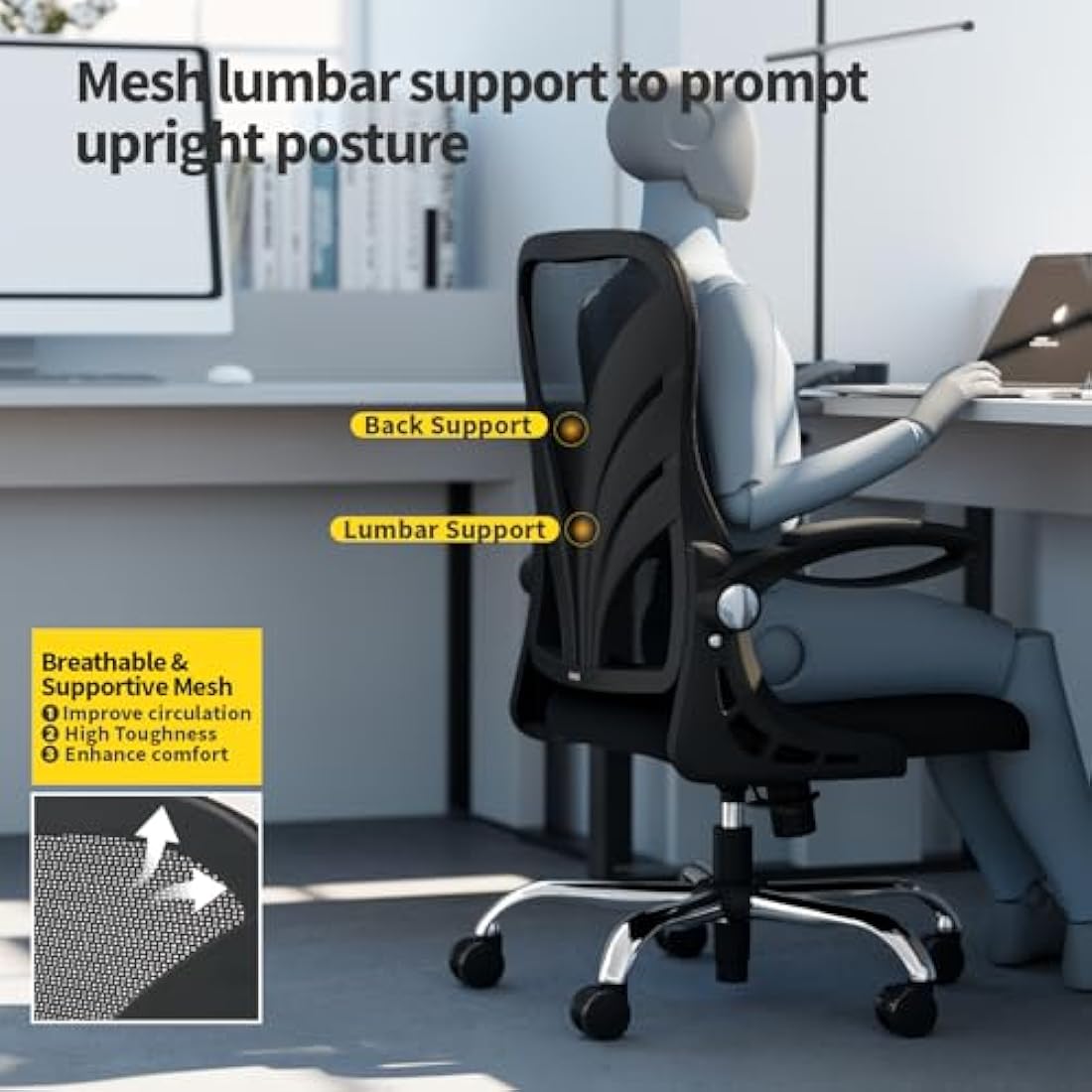 HOLLUDLE Ergonomic Office Chair with Foldable Backrest, Computer Desk Chair with Flip-up Armrests, Mesh Lumbar Support and Tilt Function Big and Tall Office Chair, Black