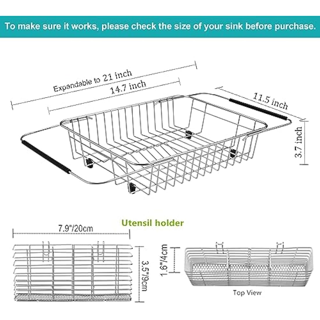iPEGTOP Expandable Dish Drying Rack Organizer and Utensil Cutlery Holder, 304 Stainless Steel Over Sink Dish Rack, Dish Drainer in Sink or On Counter, Rustproof
