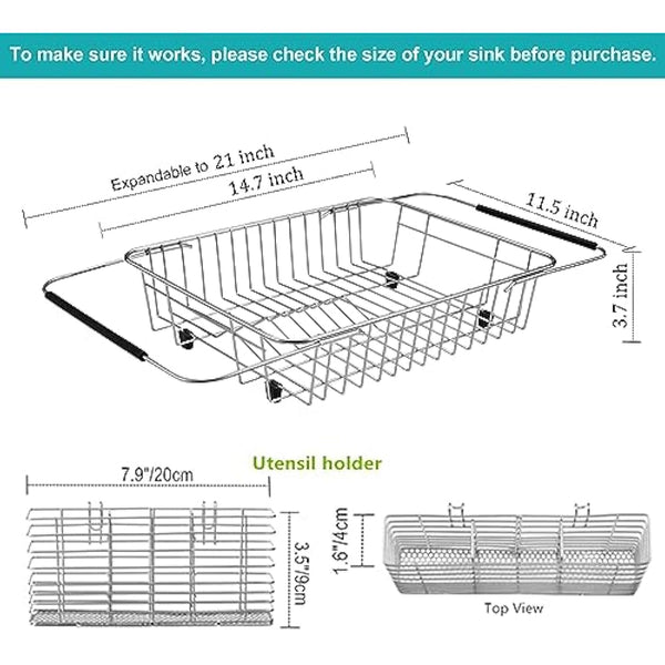 iPEGTOP Expandable Dish Drying Rack Organizer and Utensil Cutlery Holder, 304 Stainless Steel Over Sink Dish Rack, Dish Drainer in Sink or On Counter, Rustproof