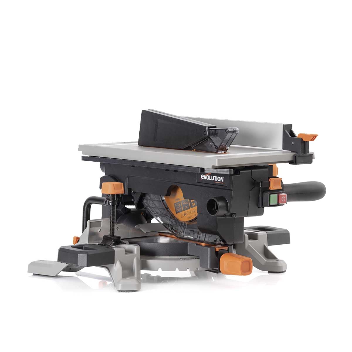 Evolution Power Tools R210CMS Compound Miter Saw Multi-Material Cutting TCT Blade Included Cuts Wood Metal Plastic & More, 45° - 45° Degree Miter & 45˚ Degree Bevel Angles, 1200W, 210mm