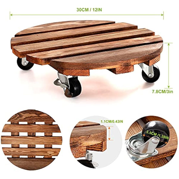 2 Pack Plant Caddy Wooden Plant Stand with Wheels 12 Inch-30 CM Round Plant Roller with Metal Lockable Caster Wheels Heavy Duty Rolling Plant Stand Plant Dolly