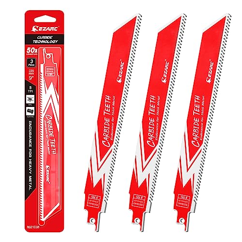 EZARC Carbide Reciprocating Saw Blade R978HM Endurance for Thick Metal, Cast Iron, Alloy Steel 225mm 8TPI, 3-Pack