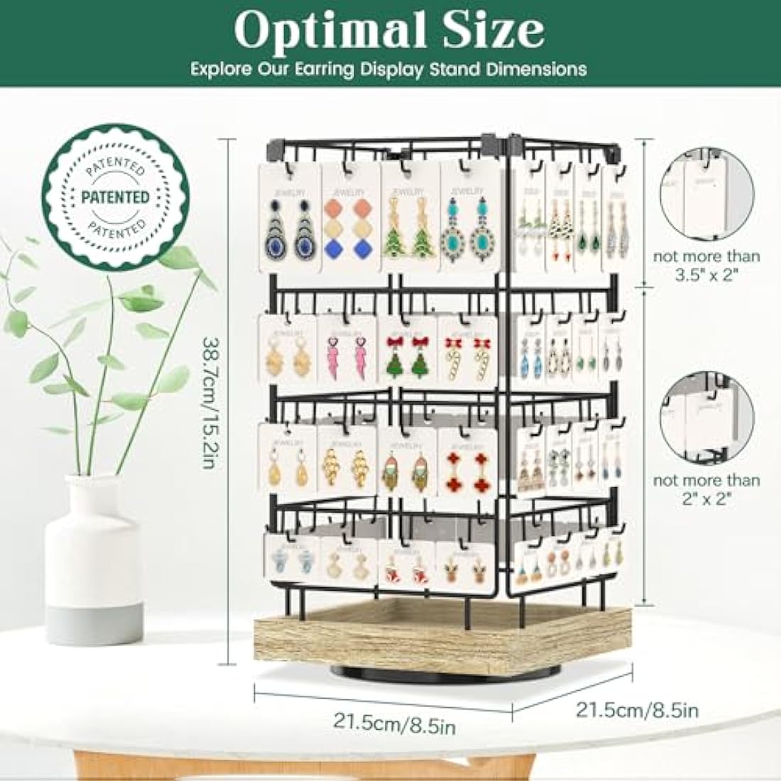 EsLuker.ly Rotating Earring Display Holder Stand for Vendors Events Selling, Large Capacity 64 Hooks Jewelry Rack with Wooden Base for Earring Card Sales, Enhances Retail Display Visibility