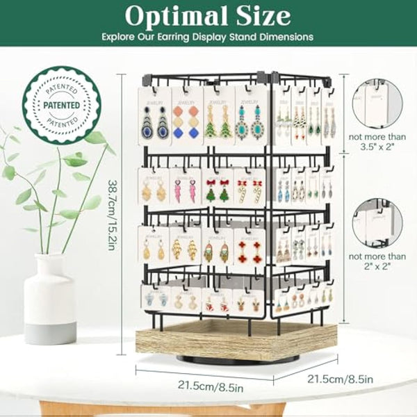 EsLuker.ly Rotating Earring Display Holder Stand for Vendors Events Selling, Large Capacity 64 Hooks Jewelry Rack with Wooden Base for Earring Card Sales, Enhances Retail Display Visibility