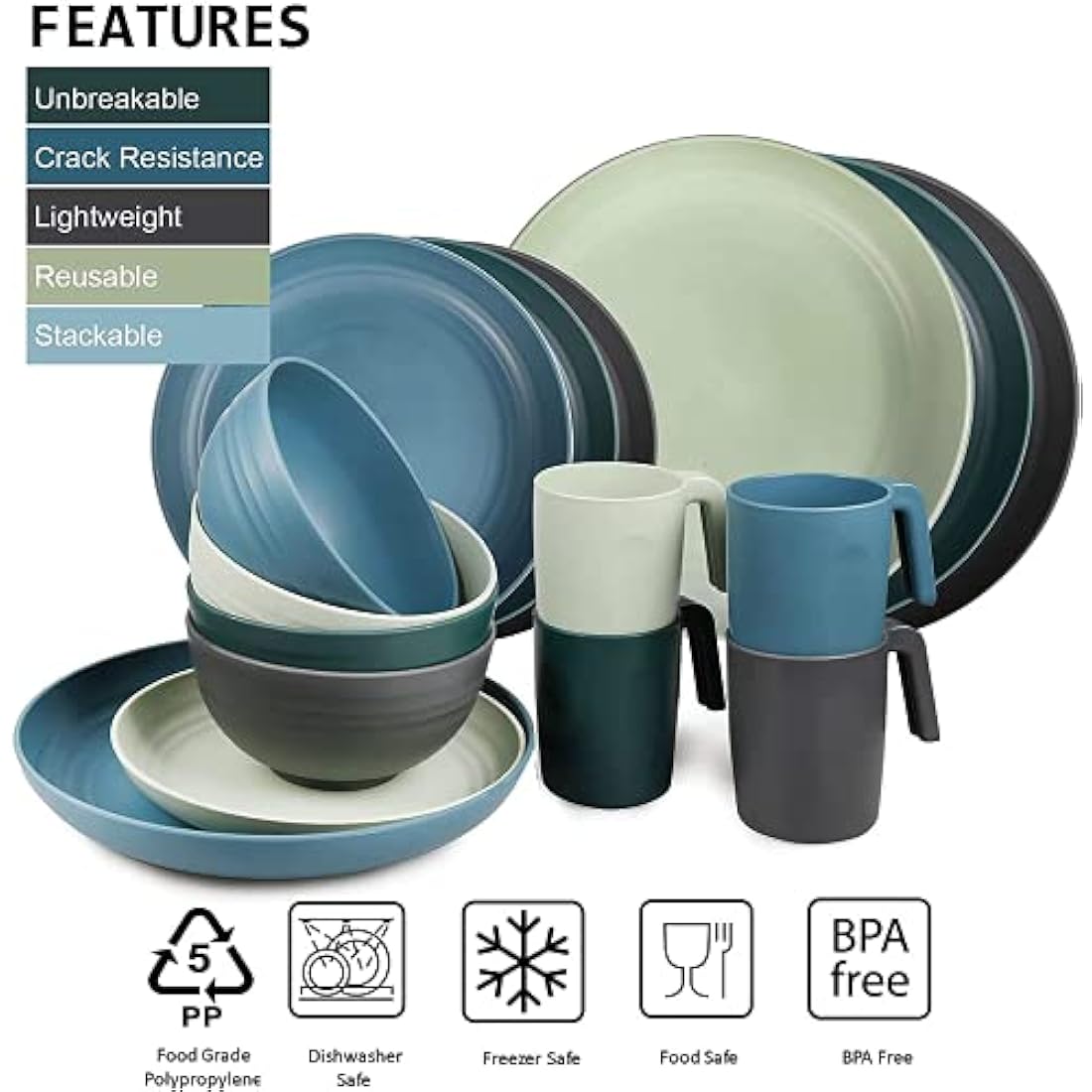 Greentainer Unbreakable Plastic Dinnerware Set, Lightweight Tableware with 4 Dinning Plates, 4 Dessert Plates, 4 Bowls, 4 Cups Kids & Adults, Service for 4, Dishwasher&Microwave Safe,16 Pcs