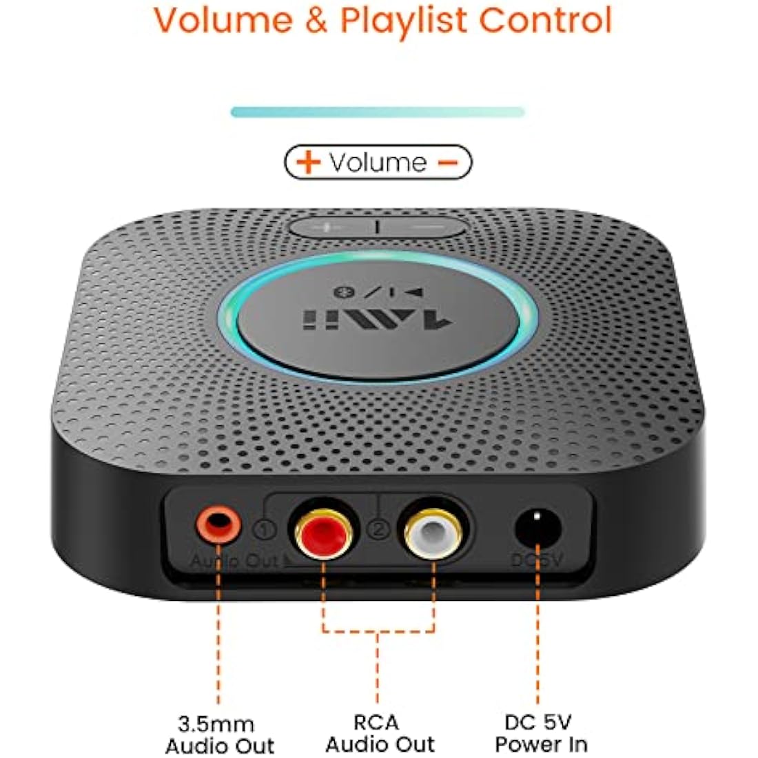 1Mii B06S Bluetooth 5.2 Receiver for Music Streaming System, Hi-Fi Wireless Audio Adapter for Stereo Receiver aptX HD aptX Low Latency, Bluetooth Receiver with Volume Control RCA/3.5mm Outputs