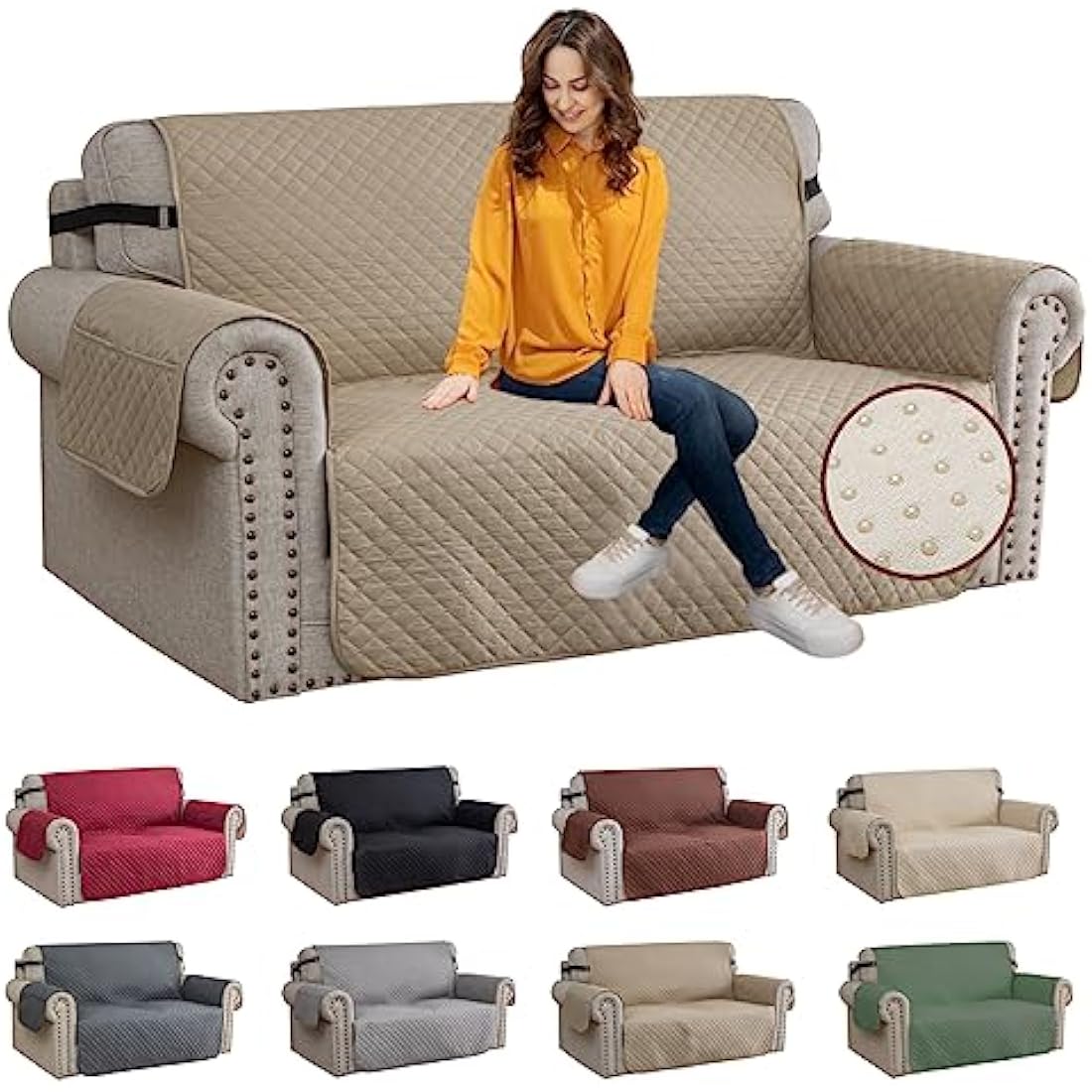 XINEAG Quilted Sofa Covers 2 Seater, Water Resistant Loveseat Covers Sofa Slipcovers with Pockets, Non Slip Sofa Cover for Dogs Pets, Washable Furniture Protector with Elastic Strap (Loveseat, Khaki)