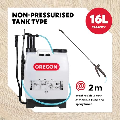 Oregon Backpack Sprayer with Lance and 4 Adjustable Spray Nozzle, Suitable For Pesticide, Lawn Feed, Weed and Moss Killer, Reliable Outdoor Garden & Lawn Care, Knapsack Sprayer Garden Tool, 16 Litres
