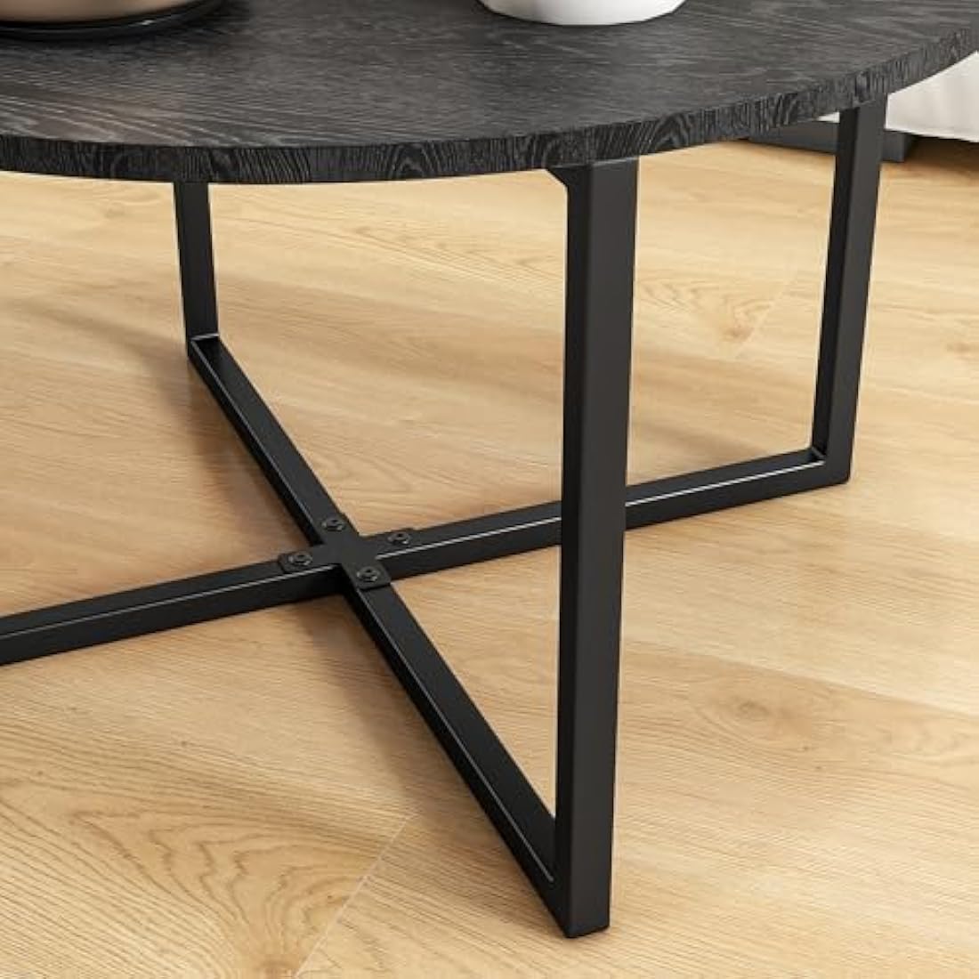 HOJINLINERO Round Coffee Table Tea Table End Table Sofa Table for Living Room with Metal Legs,Cocktail Table with Wood Look Accent Furniture,Easy To Assemble,Black