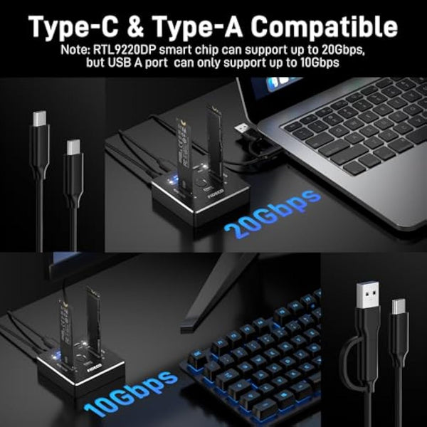 FIDECO M.2 NVMe SATA SSD Cloner Dock, USB 3.2 Gen 2, 20Gbps Dual NVMe SATA SSD Dock, NVMe SSD Cloner, Support Offline Clone, UASP and TRIM, Aluminum Design