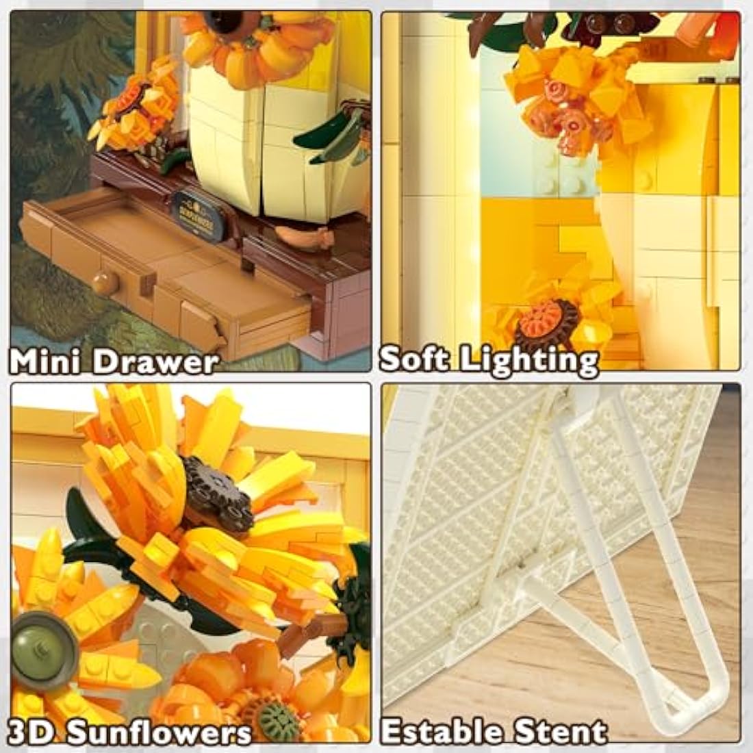 JMBricklayer Sunflower Art Building Toy with Light, 70004 Van Gogh Painting Wall Art Desktop Home Office Room Decor, Sunflower Picture Frame Gift for Men Women Him Her (1166PCS)