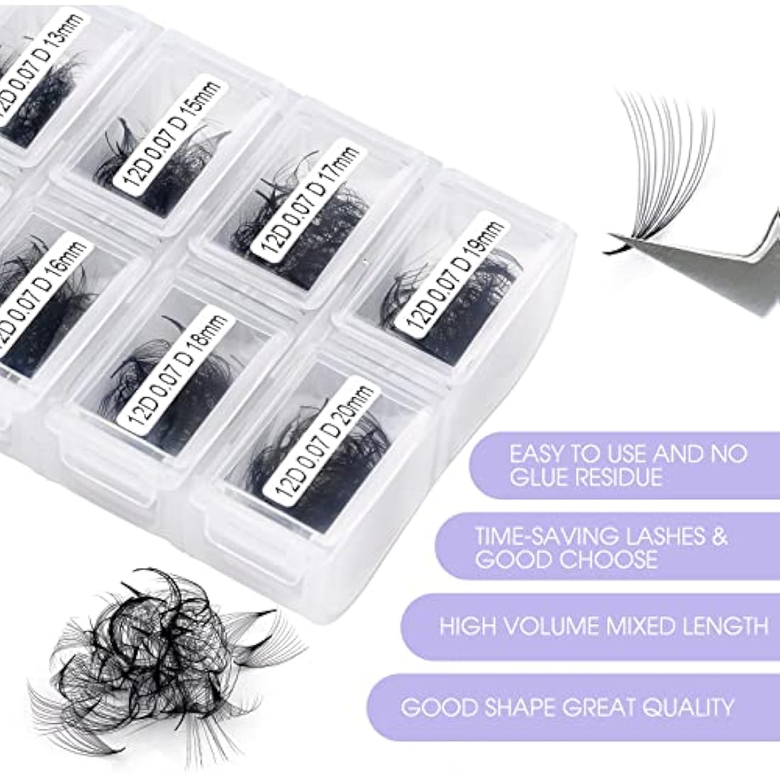 12D Premade Fans Eyelash Extensions 1200PCS Pre Made Fans Lashes 0.07mm C Curl Mixed Tray 9-20mm Handmade Loose Volume Lash Extension Premade Lash Fans (1200-12D-0.07-C-920)