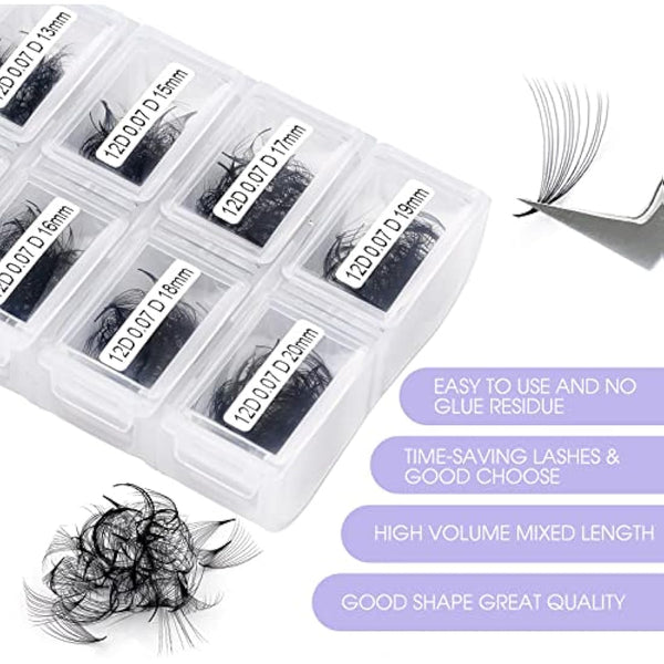 12D Premade Fans Eyelash Extensions 1200PCS Pre Made Fans Lashes 0.07mm C Curl Mixed Tray 9-20mm Handmade Loose Volume Lash Extension Premade Lash Fans (1200-12D-0.07-C-920)