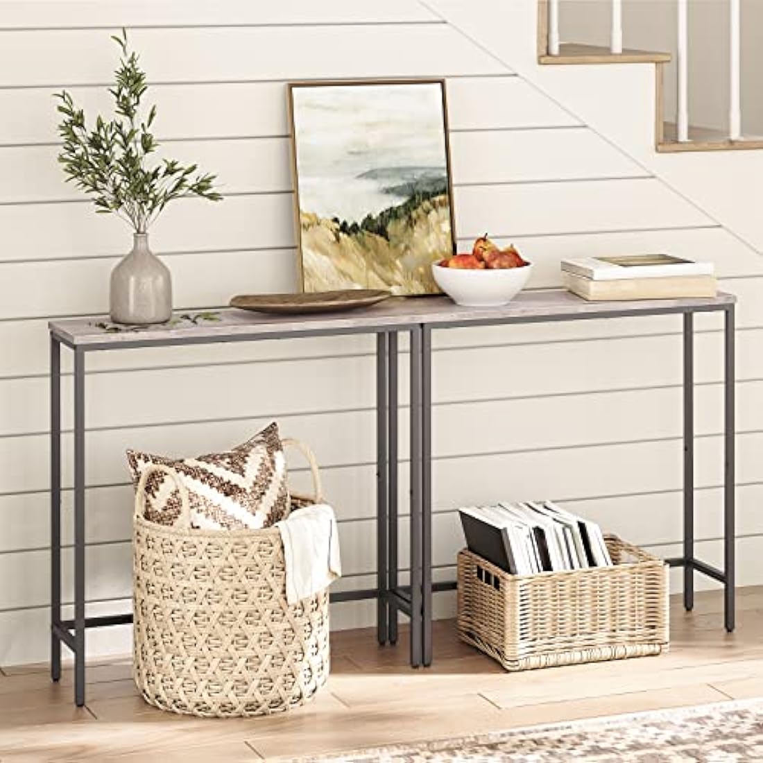 HOOBRO Slim Console Table for Hallway, Metal Frame, Compact Display Sofa Table for Small Spaces, Entryway, Living Room, Sturdy, Greige and Black EBG75XG01