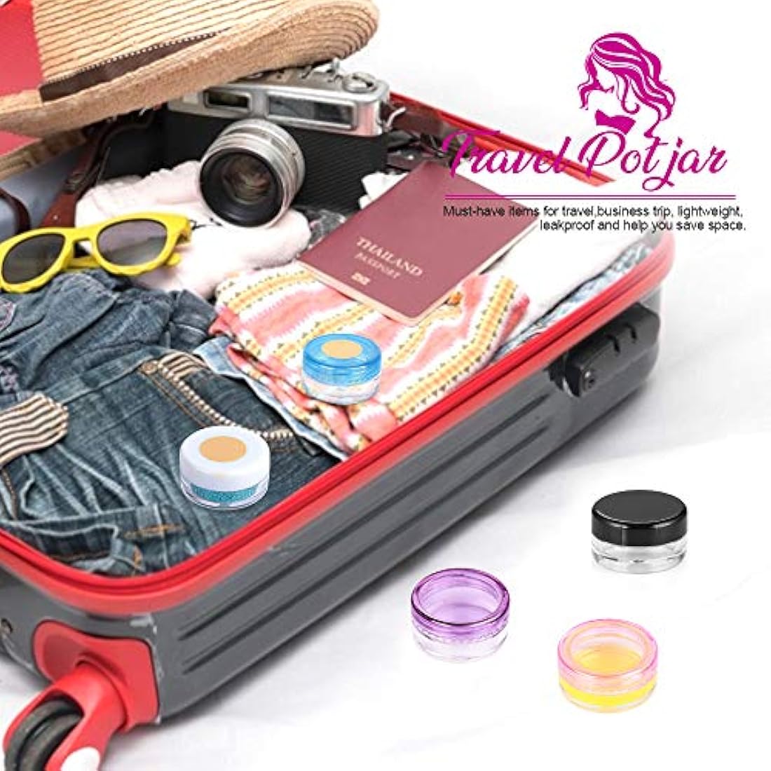 HNYYZL Empty Plastic Cosmetic Jars,50Pcs Sample Containers Pots Bottles,5ml Travel Pots,Small Pots with Lids Cosmetic,Travel Cream Pots for Toiletries (10pcs Spatulas and 50pcs Labels)