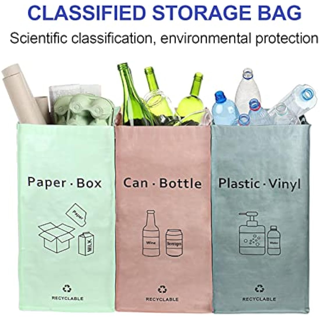 BOMEI PACK 3 Packs Recycling Bags Pink Green Gray with handle Separate Sorting Organizer Woven waste Bins bag 42 Gallon Waterproof for Kitchen Home Office Heavy Duty Reusable Storage Easy clean
