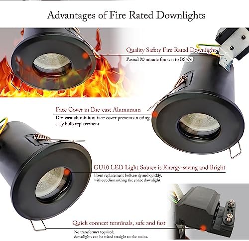 4XSweier 90 Minute Fire Rated LED Recessed Ceiling Light, Waterproof IP65 Spotlight, Die-Cast Aluminium (Bulb not Included) Black Recessed Spotlight, 230V GU10 Downlight