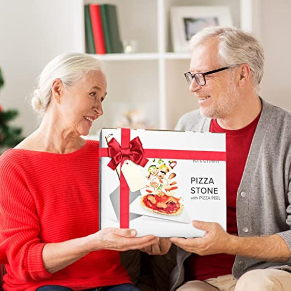 Joeji's Kitchen Pizza Stone & Peel Shovel Set - 30 x 38cm Rectangular Cordierite Stone for Oven BBQ - Aluminium Peel with Removable Wooden Handle