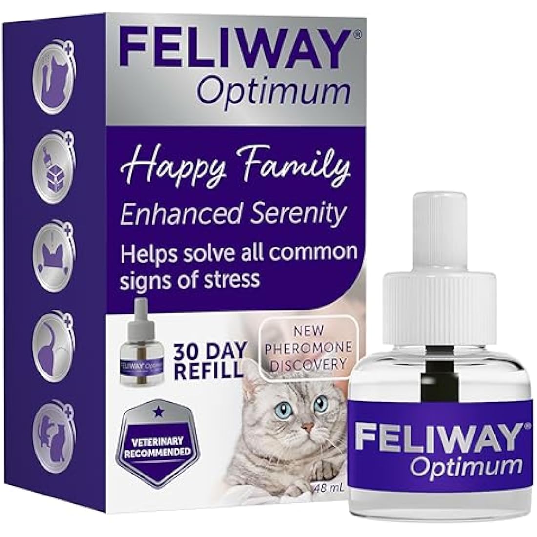 FELIWAY Optimum 30 Day Cat Calming Odourless Refill for Pheromone Diffuser, 48ml - Helps Solve Signs of Stress in Cats & Kittens, Veterinary Recommended, Drug-free, Clinically Proven