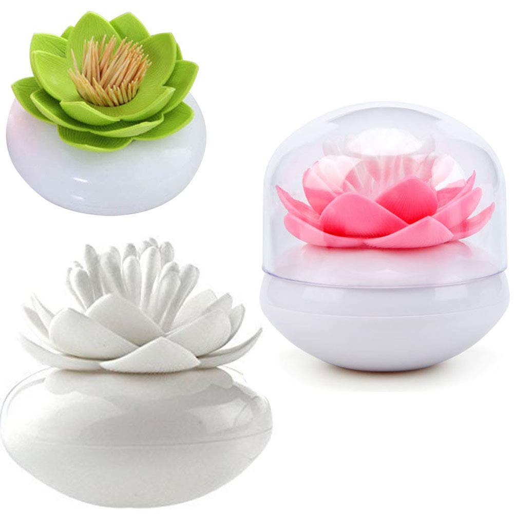 HomDSim 3 PACK Lotus Cotton Swab Holder,Cotton Bud Small Q-tips Toothpicks Brushes Holder Box Case Storage Organizer Jar with Clear Lid Dustproof