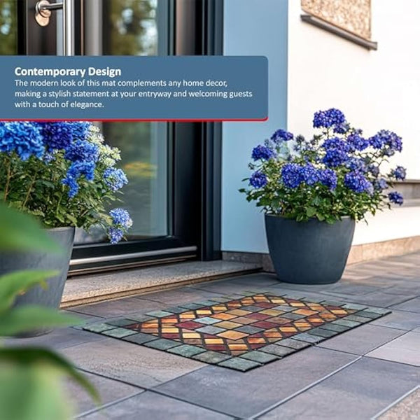 Nicoman Tile Heavy Duty Boot Scraper Doormat, Non-Slip Anti-Fatigue Eco-Friendly Rubber Indoor/Outdoor Door Mat, Rectangular (90x60cm), Blue Border