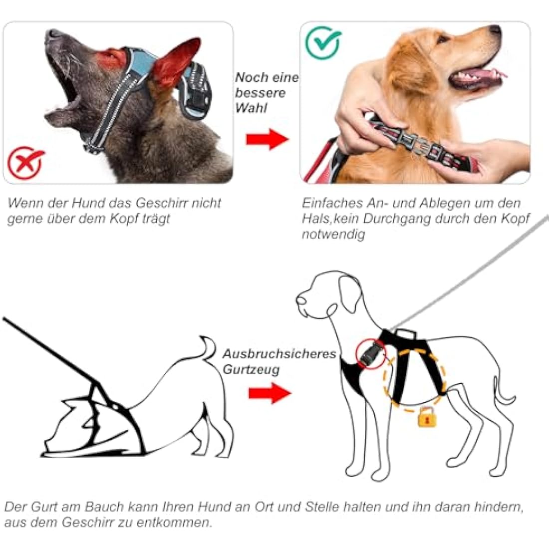 HEELE Dog Harness - Escape Proof, No Pull Reflective Adjustable Vest with Durable Handle, Ideal for Big/Active Dogs, Red, XL