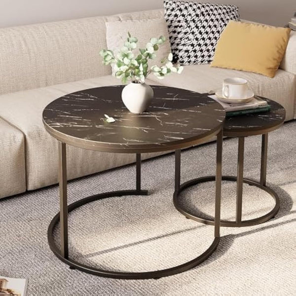 Huhote Round Coffee Tables, Set of 2 End Table, Nesting Tables, Side Table with Metal Frame for Living Room/Bedroom/Balcony/Office/Apartment, Diameter 23.6/15.7 IN (Black Frame, Black Marble Top)