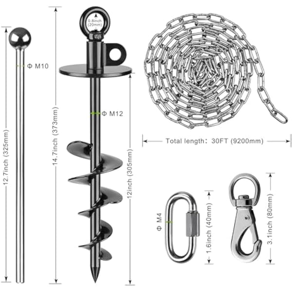Dog Tie Out Chains and Stake, 30ft Chew Proof Stainless Steel Dog Chains for Outside, 15" Heavy Duty Dog Anchor for Dogs Up to 125lbs, Fully Welded, No Tangle, Ideal for Yard and Camping