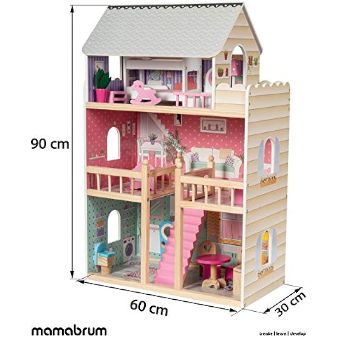 Mamabrum Dolls House with Furniture Set – Large 3-Story Wooden Playhouse with LED Lights – Fully Furnished Dollhouse for Girls – Pretend Play Set for Kids 3+