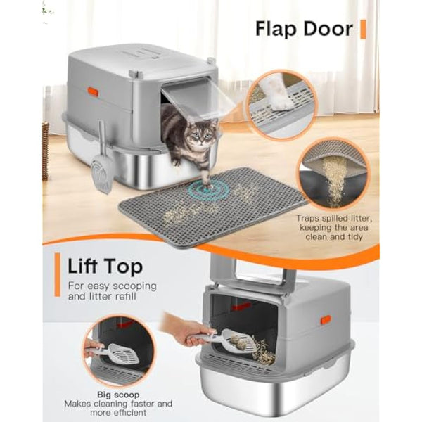 Papettly High Sided Stainless Steel Litter Box with Lid, Extra Large Cat Litter Trays Hooded Cat Litter Box, Enclosed Litter Box for Big Cats with Cat Litter Mat, Scoop, Brush, Easy Clean, Detachable